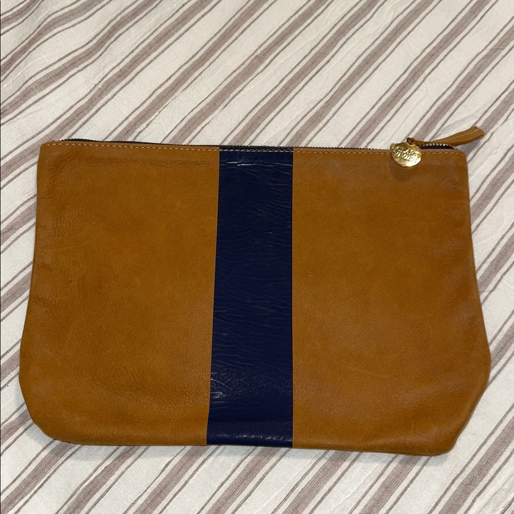 Clare Vivier Brown Suede with Navy Stripe pouch / clutch